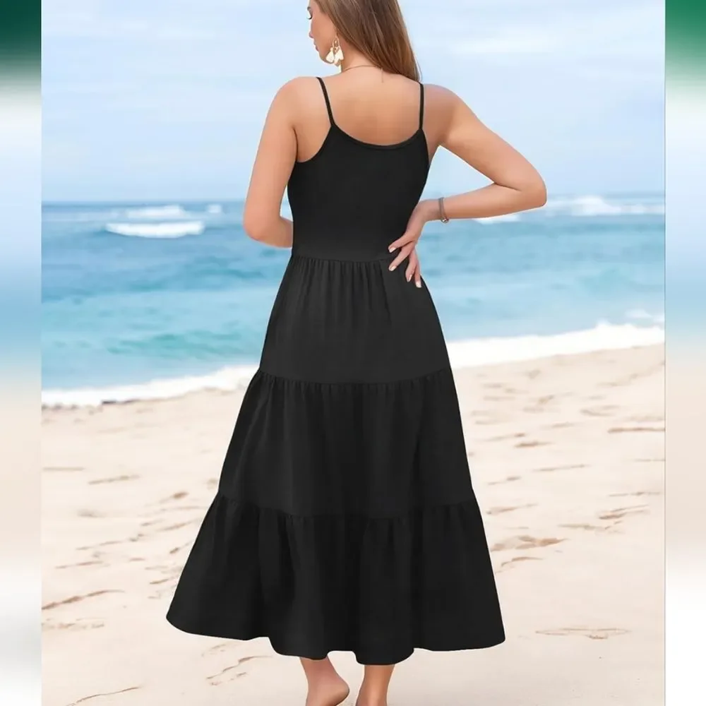 Black Tiered Maxi Dress, Spaghetti Straps, Stretchy, M